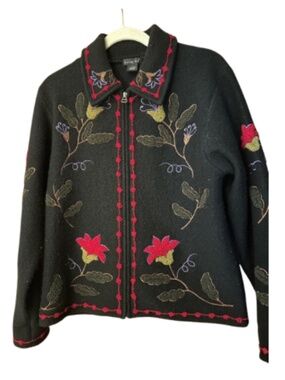 Tally Ho Black Embroidered Floral Zip Jacket